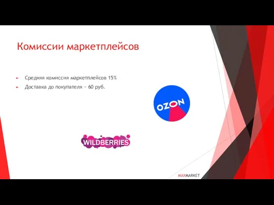 Комиссии маркетплейсов Средняя комиссия маркетплейсов 15% Доставка до покупателя ~ 60 руб. MAXMARKET