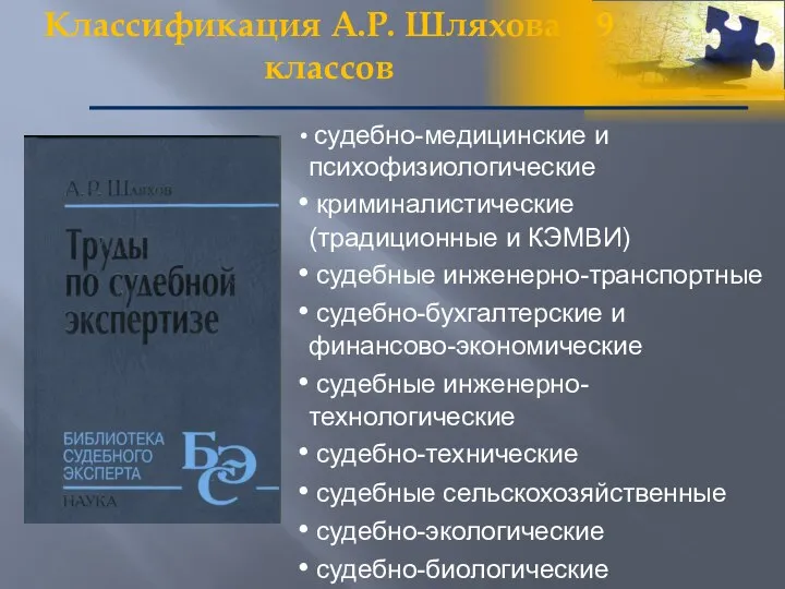 Классификация А.Р. Шляхова – 9 классов судебно-медицинские и психофизиологические криминалистические (традиционные и