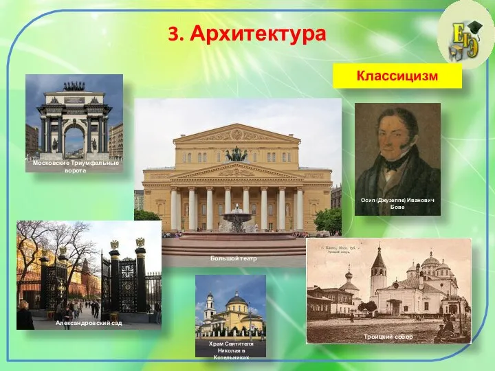 3. Архитектура Классицизм Осип (Джузеппе) Иванович Бове Большой театр Троицкий собор Александровский