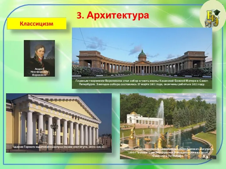 3. Архитектура Андрей Никифорович Воронихин Главным творением Воронихина стал собор в честь