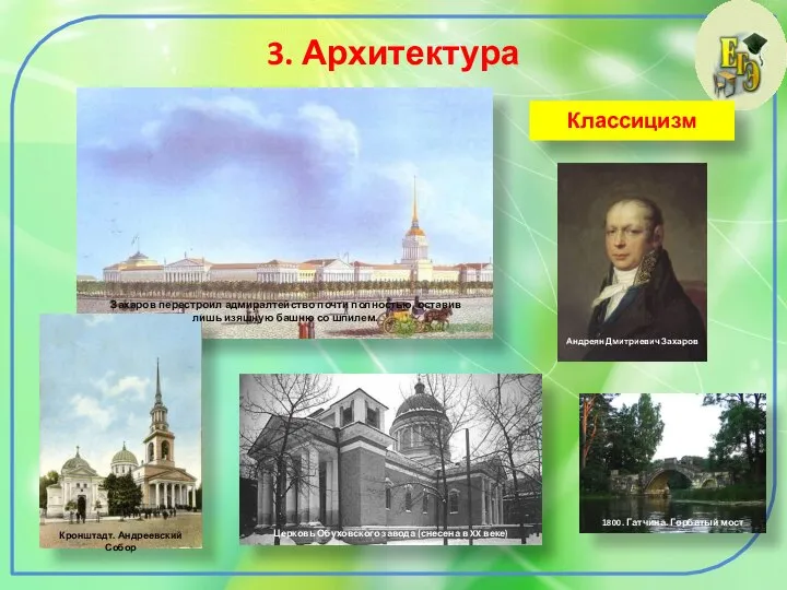 3. Архитектура Классицизм Андреян Дмитриевич Захаров 1800. Гатчина. Горбатый мост Церковь Обуховского