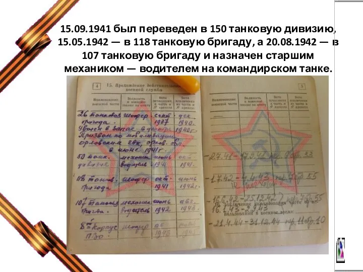 15.09.1941 был переведен в 150 танковую дивизию, 15.05.1942 — в 118 танковую