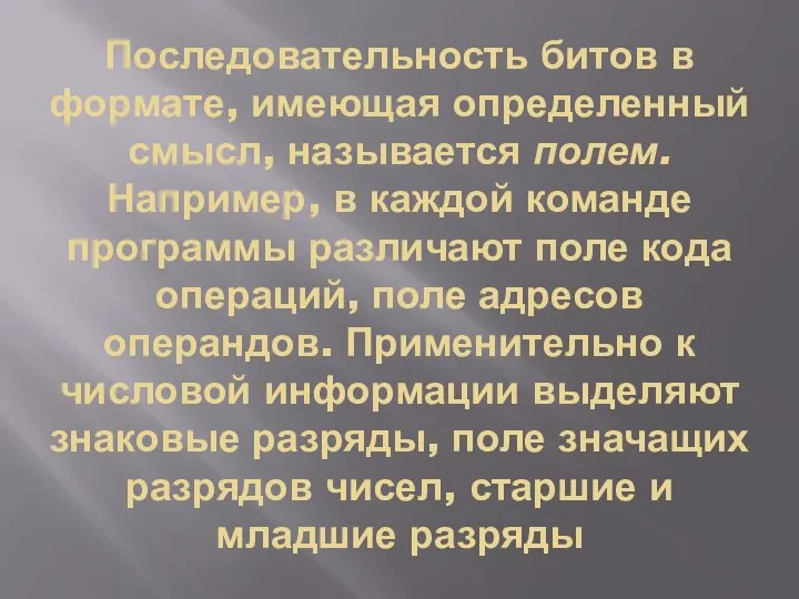 Последовательность битов в формате, имеющая определенный смысл, называется полем. Например, в каждой