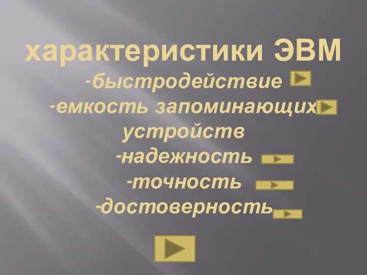 характеристики ЭВМ -быстродействие -емкость запоминающих устройств -надежность -точность -достоверность