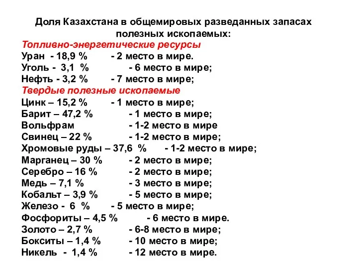 Топливно-энергетические ресурсы Уран - 18,9 % - 2 место в мире. Уголь