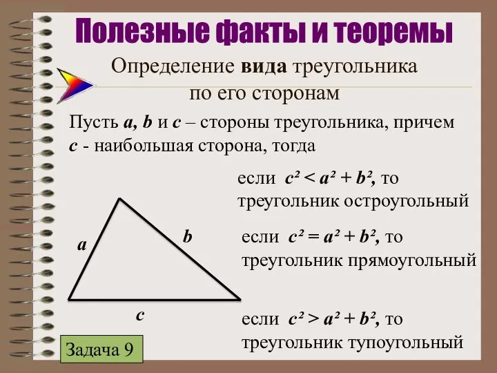 Определение вида треугольника по его сторонам Пусть а, b и с –