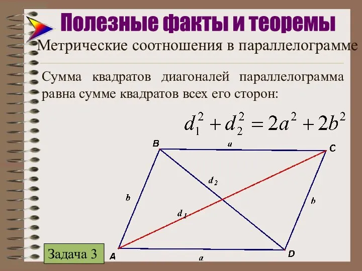 Сумма квадратов диагоналей параллелограмма равна сумме квадратов всех его сторон: Полезные факты