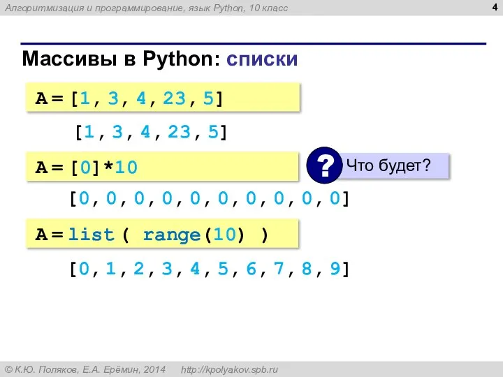 Массивы в Python: списки A = [1, 3, 4, 23, 5] [1,