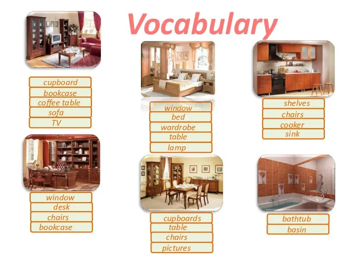 Vocabulary mirror beds cupboard bookcase coffee table sofa window bed wardrobe table