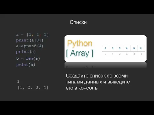 Списки Создайте список со всеми типами данных и выведите его в консоль