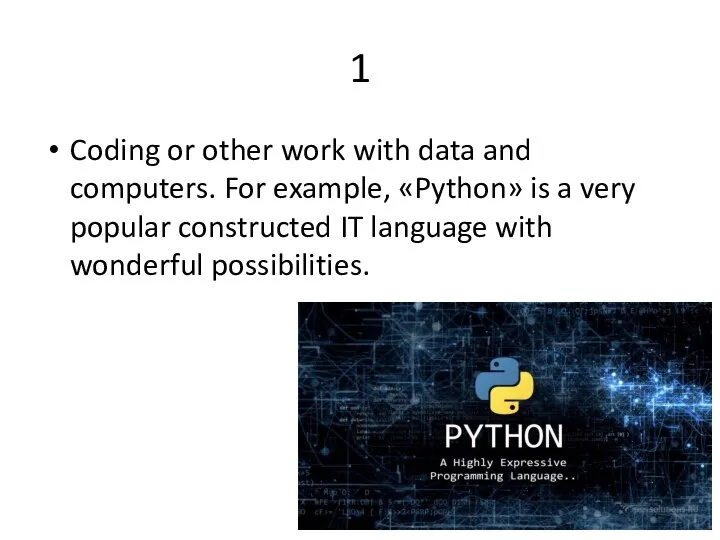 1 Coding or other work with data and computers. For example, «Python»