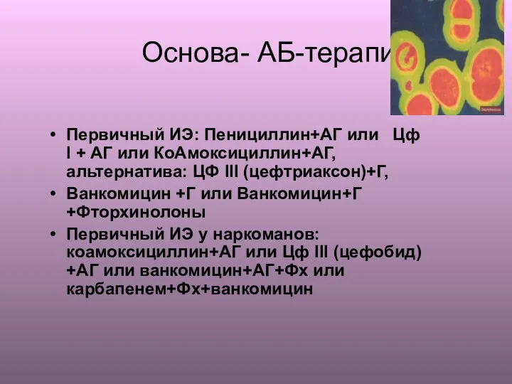 Основа- АБ-терапия Первичный ИЭ: Пенициллин+АГ или Цф I + АГ или КоАмоксициллин+АГ,