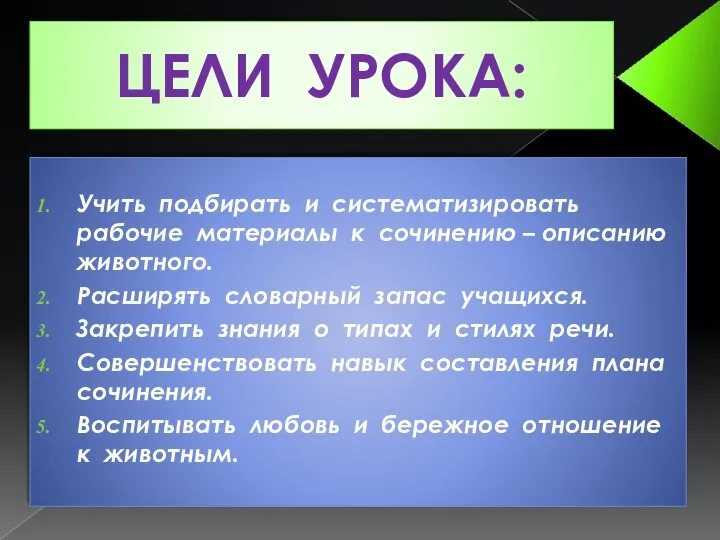 ЦЕЛИ УРОКА: Учить подбирать и систематизировать рабочие материалы к сочинению – описанию