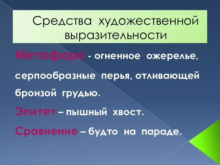 Средства художественной выразительности Метафора - огненное ожерелье, серпообразные перья, отливающей бронзой грудью.