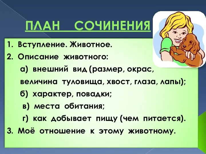 ПЛАН СОЧИНЕНИЯ 1. Вступление. Животное. 2. Описание животного: а) внешний вид (размер,