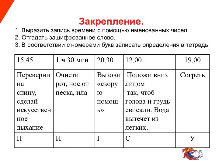 1. Выразить запись времени с помощью именованных чисел. 2. Отгадать зашифрованное слово.