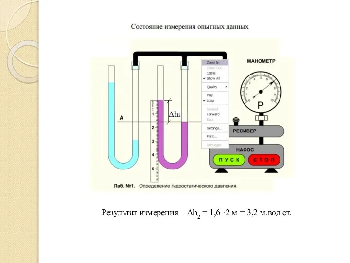 Результат измерения Δh2 = 1,6 ·2 м = 3,2 м.вод ст.