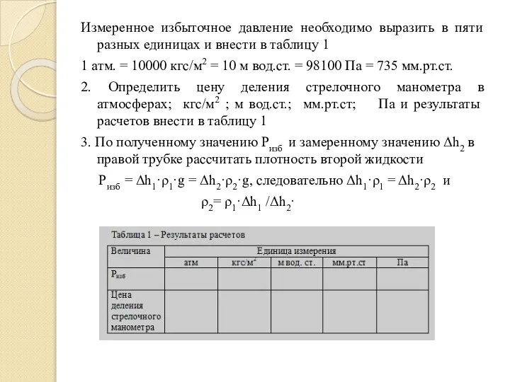 Измеренное избыточное давление необходимо выразить в пяти разных единицах и внести в