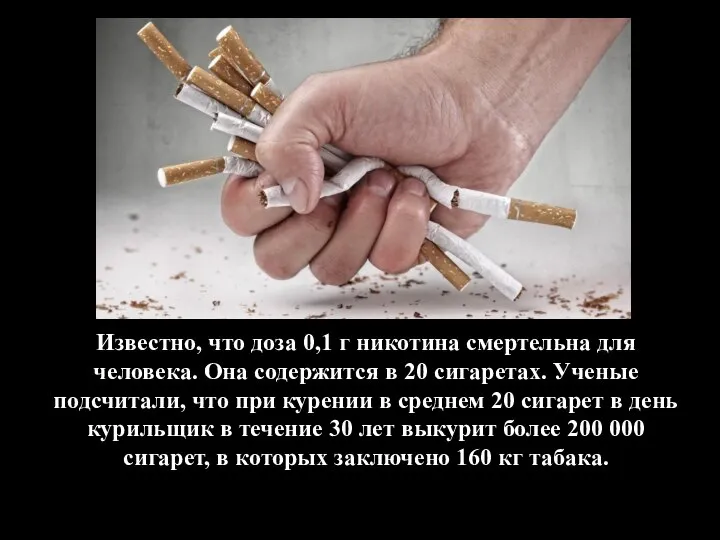 Известно, что доза 0,1 г никотина смертельна для человека. Она содержится в