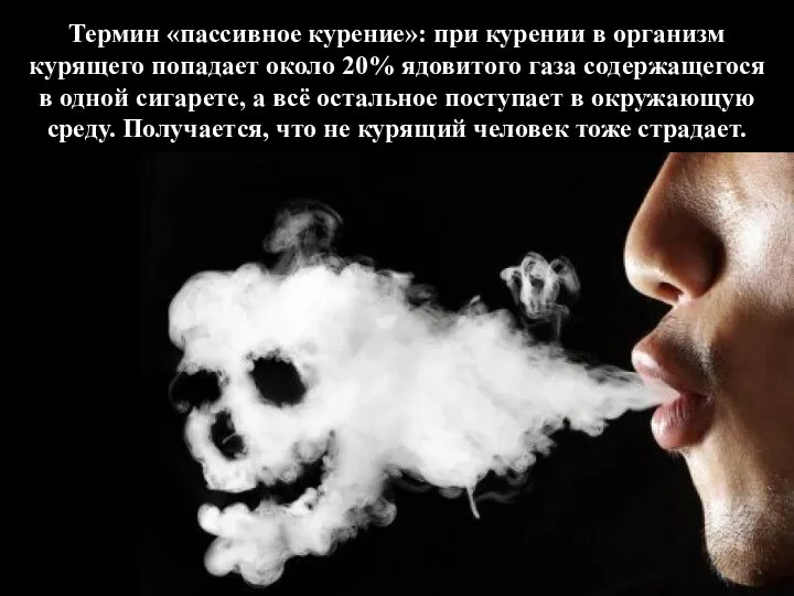 Термин «пассивное курение»: при курении в организм курящего попадает около 20% ядовитого