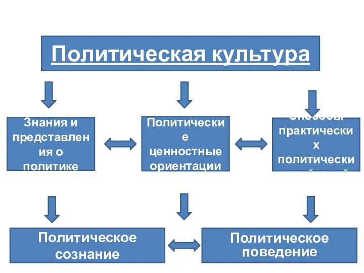 Политическая культура Способы практических политических действий Политические ценностные ориентации Знания и представления