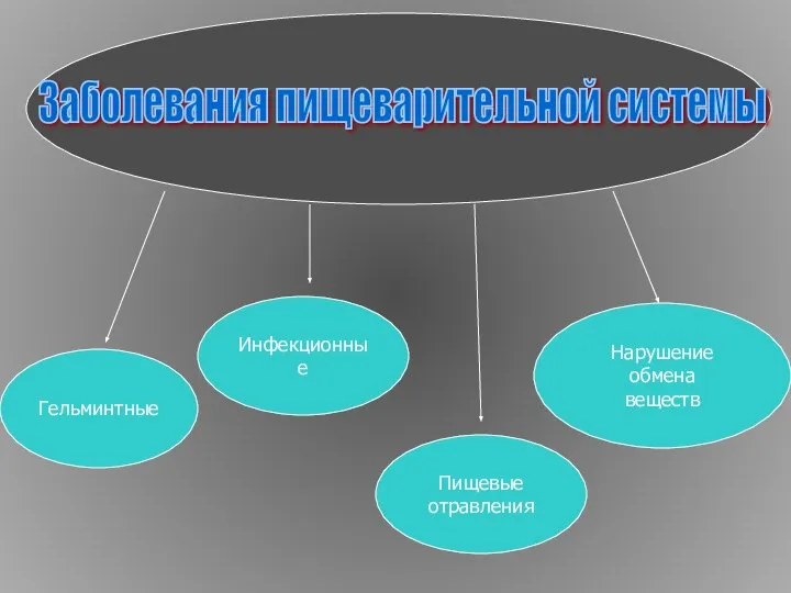 Заболевания пищеварительной системы Гельминтные Инфекционные Пищевые отравления Нарушение обмена веществ