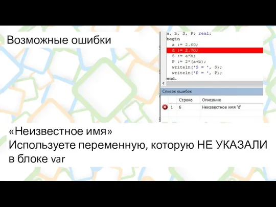 Возможные ошибки «Неизвестное имя» Используете переменную, которую НЕ УКАЗАЛИ в блоке var