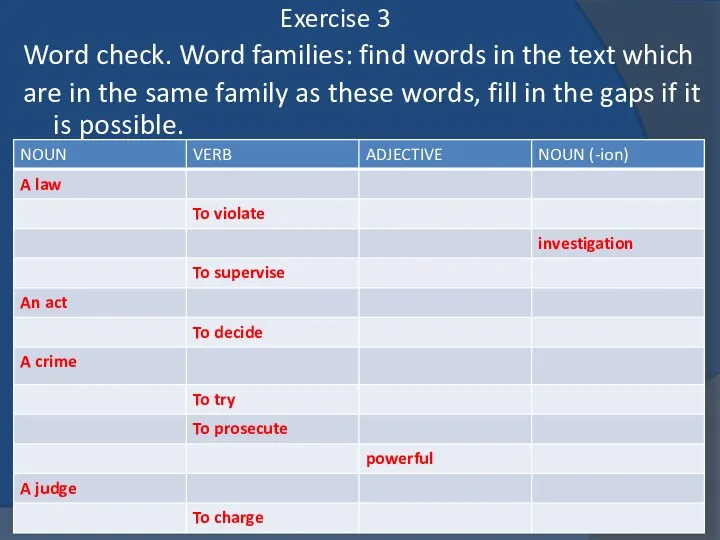 Exercise 3 Word check. Word families: find words in the text which