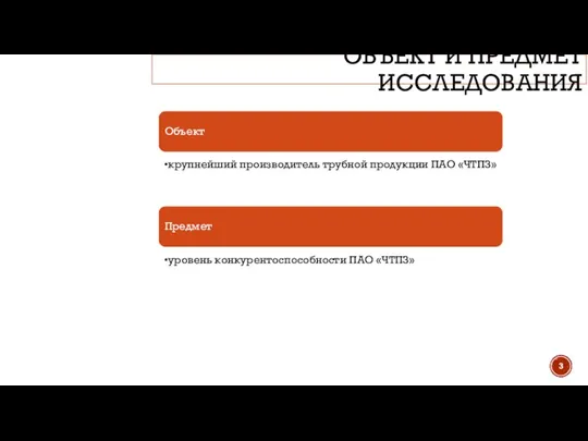 ОБЪЕКТ И ПРЕДМЕТ ИССЛЕДОВАНИЯ Объект крупнейший производитель трубной продукции ПАО «ЧТПЗ» Предмет уровень конкурентоспособности ПАО «ЧТПЗ»