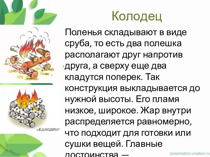 Колодец Поленья складывают в виде сруба, то есть два полешка располагают друг