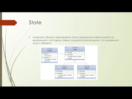 State позволяет объекту варьировать свое поведение в зависимости от внутреннего состояния. Извне