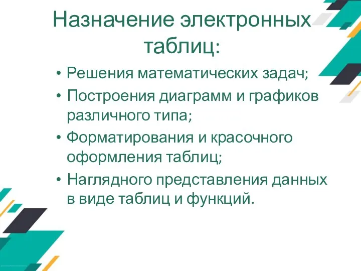 Назначение электронных таблиц: Решения математических задач; Построения диаграмм и графиков различного типа;