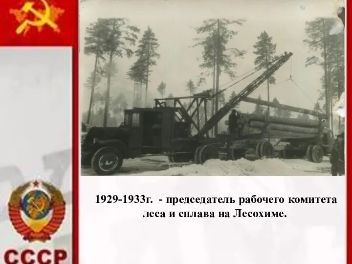 1929-1933г. - председатель рабочего комитета леса и сплава на Лесохиме.