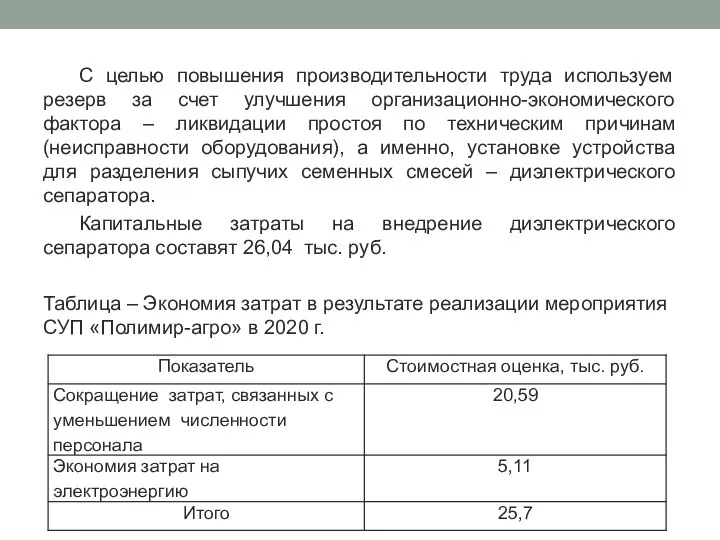 С целью повышения производительности труда используем резерв за счет улучшения организационно-экономического фактора