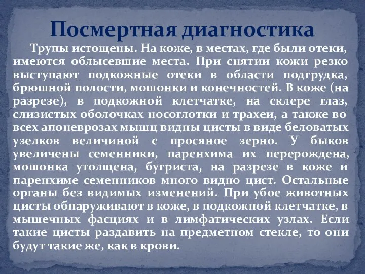 Трупы истощены. На коже, в местах, где были отеки, имеются облысевшие места.