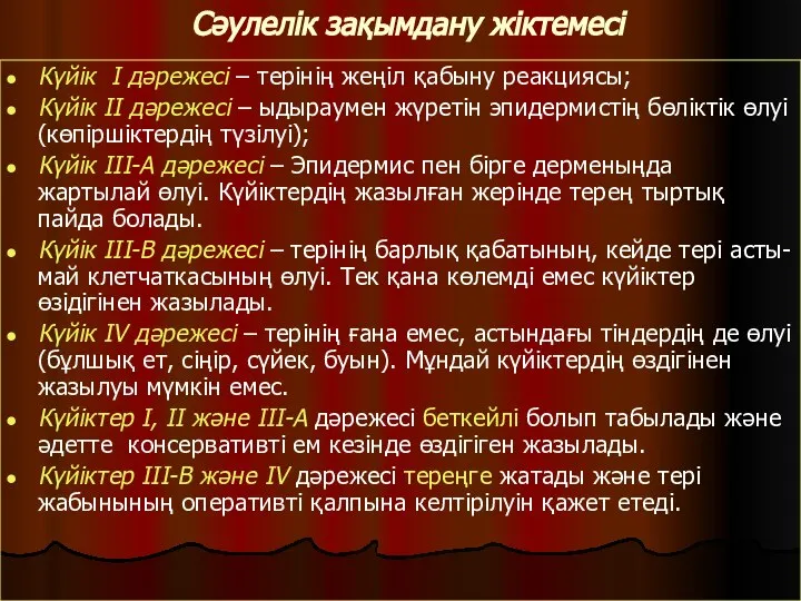 Сәулелік зақымдану жіктемесі Күйік I дәрежесі – терінің жеңіл қабыну реакциясы; Күйік