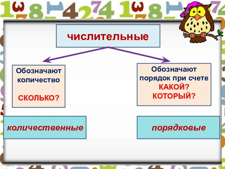 числительные Обозначают количество СКОЛЬКО? количественные Обозначают порядок при счете КАКОЙ? КОТОРЫЙ? порядковые