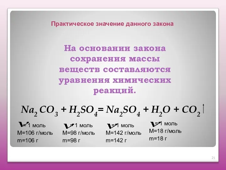 Na2 СO3 + H2SO4= Na2SO4 + H2O + СО2 На основании закона