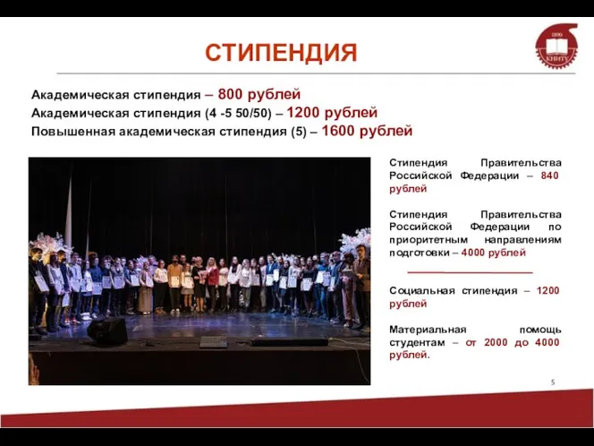 Академическая стипендия – 800 рублей Академическая стипендия (4 -5 50/50) – 1200
