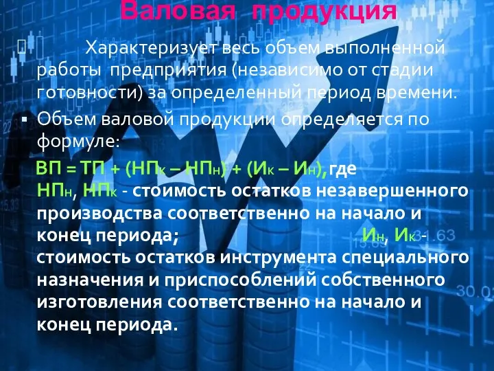 Валовая продукция Характеризует весь объем выполненной работы предприятия (независимо от стадии готовности)