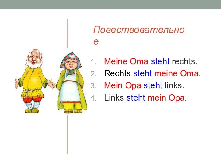 Повествовательное Meine Oma steht rechts. Rechts steht meine Oma. Mein Opa steht