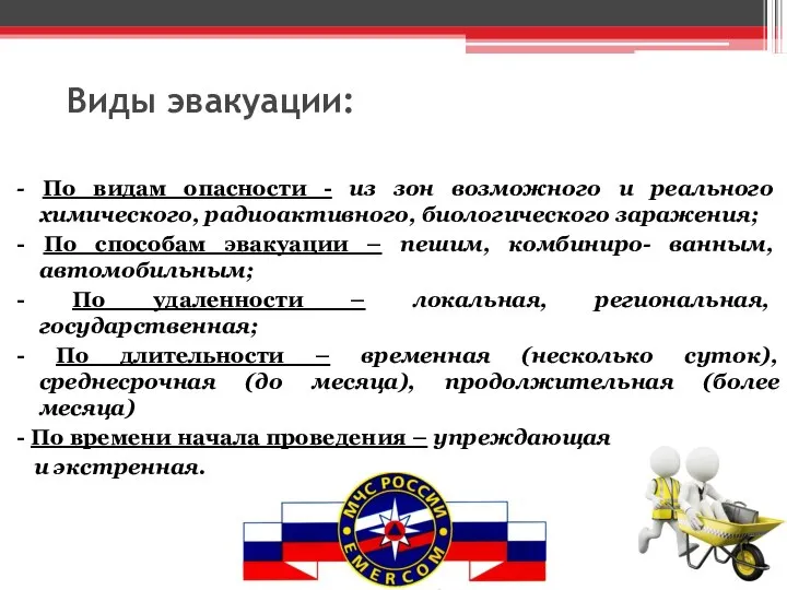 Виды эвакуации: - По видам опасности - из зон возможного и реального