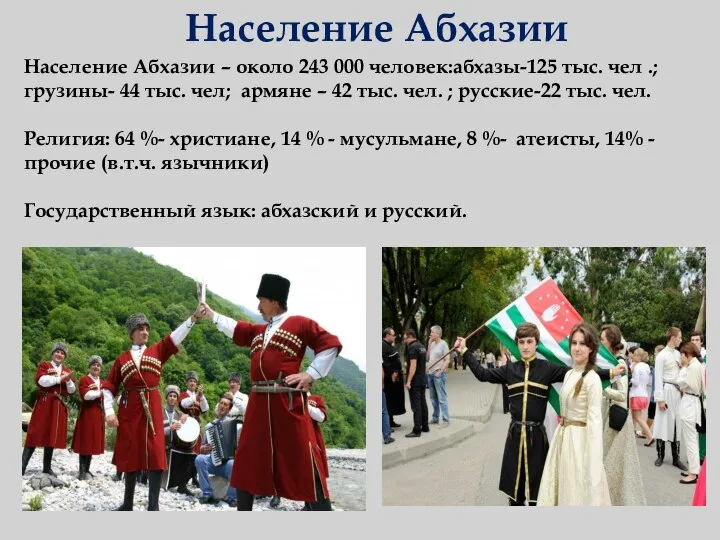 Население Абхазии Население Абхазии – около 243 000 человек:абхазы-125 тыс. чел .;