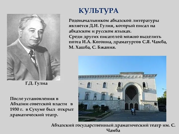 КУЛЬТУРА Г.Д. Гулиа Родоначальником абхазской литературы является Д.И. Гулия, который писал на