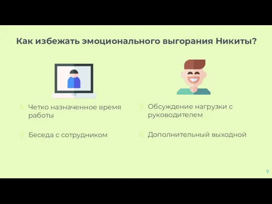 Как избежать эмоционального выгорания Никиты? Четко назначенное время работы Беседа с сотрудником