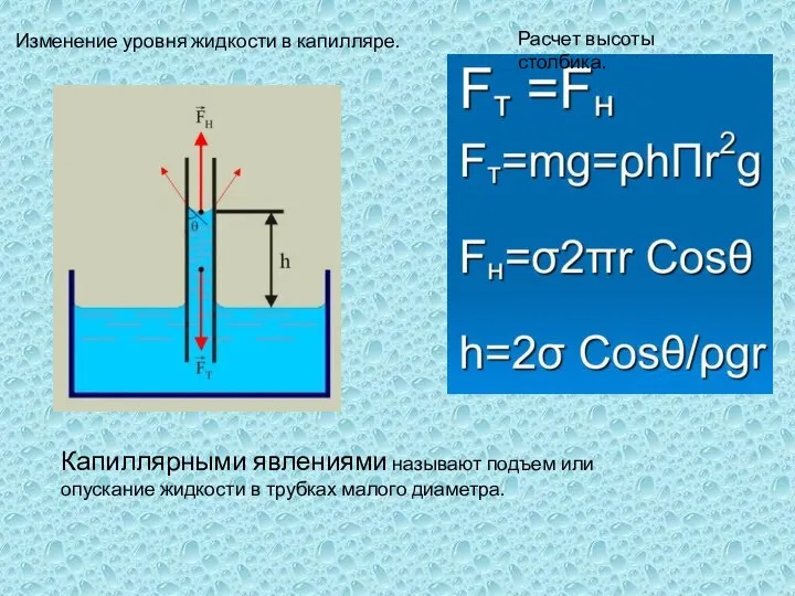 Изменение уровня жидкости в капилляре. Капиллярными явлениями называют подъем или опускание жидкости