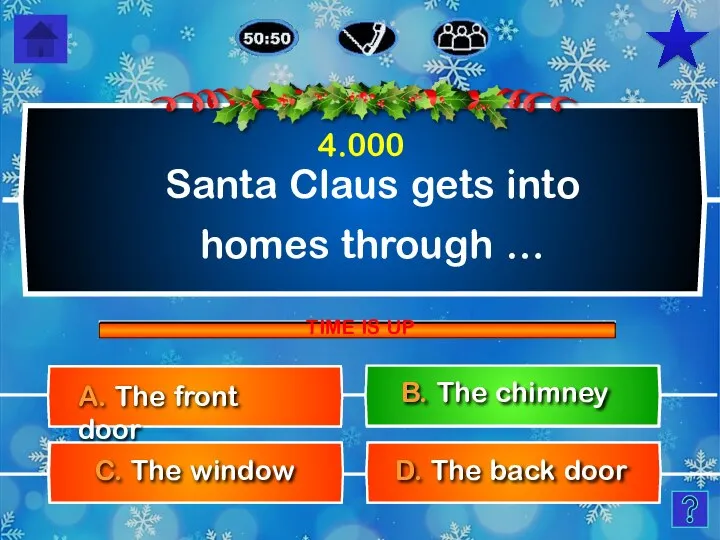 Santa Claus gets into homes through … D. The back door A.