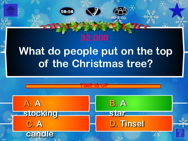 What do people put on the top of the Christmas tree? D.