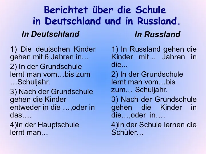 Berichtet über die Schule in Deutschland und in Russland. In Deutschland In