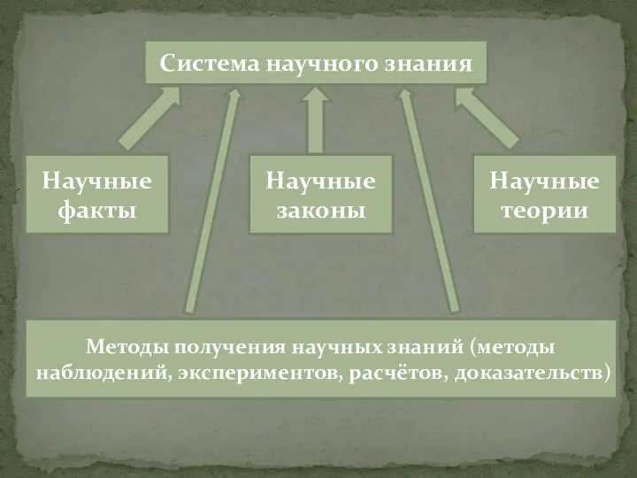 Система научного знания Научные факты Научные законы Научные теории Методы получения научных